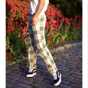 Free‎ People Marlowe Yarn Dyed Slouchy Waffle Plaid Tan Red Green Orange Sz 2